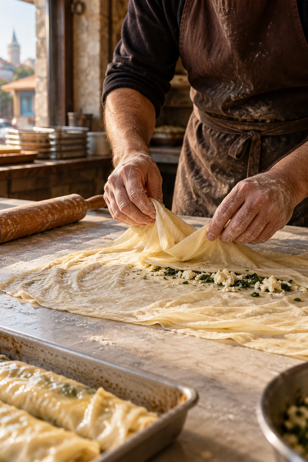 Flour-dusted hands folding thin börek pastry on a stone counter; concept photograph.