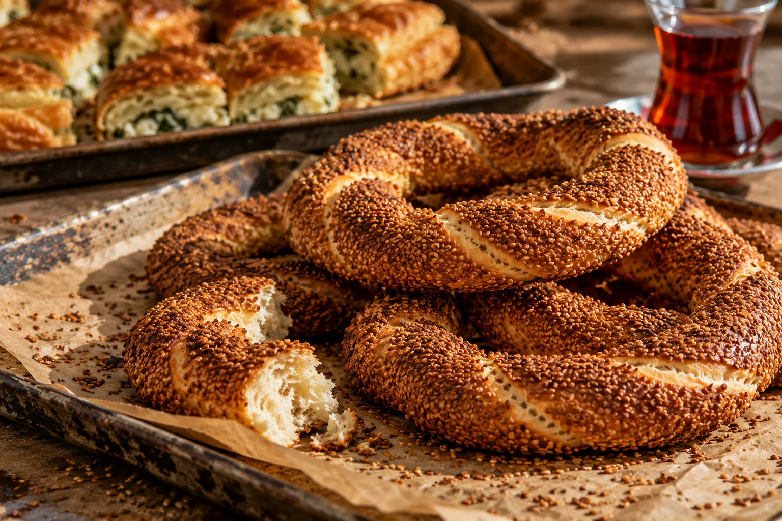 Sesame-covered simit on bakery paper with amber Turkish tea; concept photograph.