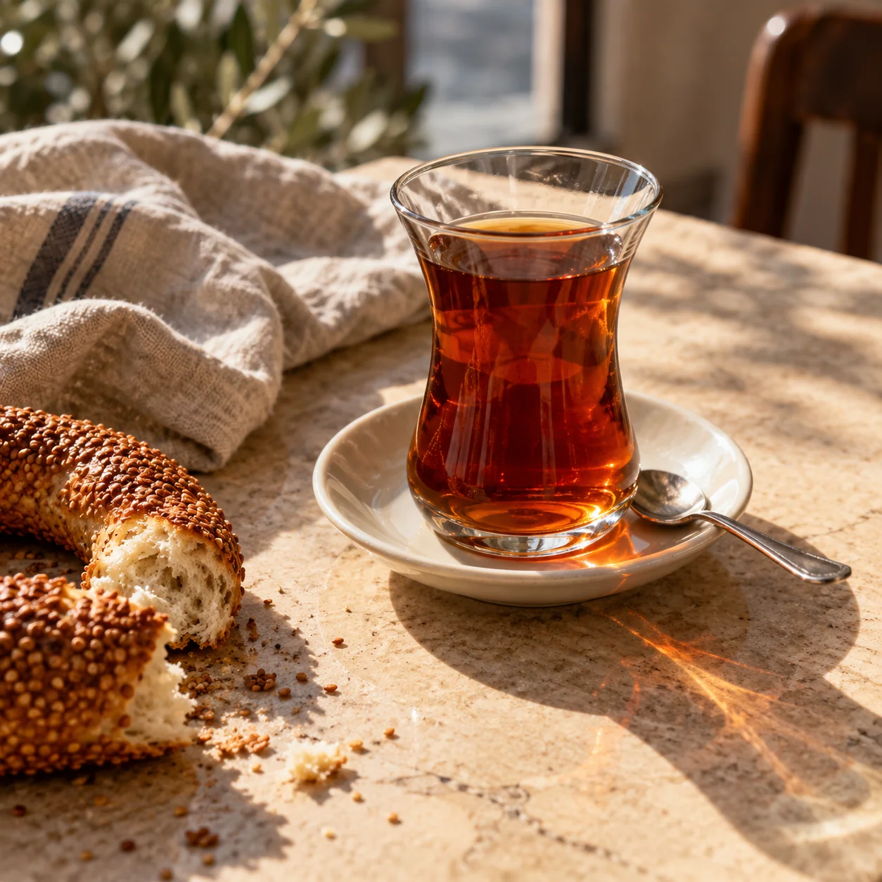 Amber Turkish tea in a tulip-shaped glass on an ivory saucer beside torn simit; concept photograph.